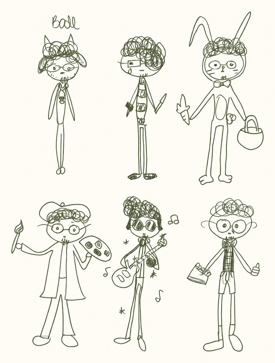 Desenho a lápis feito por Rafaela, com seis versões do Lukas em fantasias diferentes